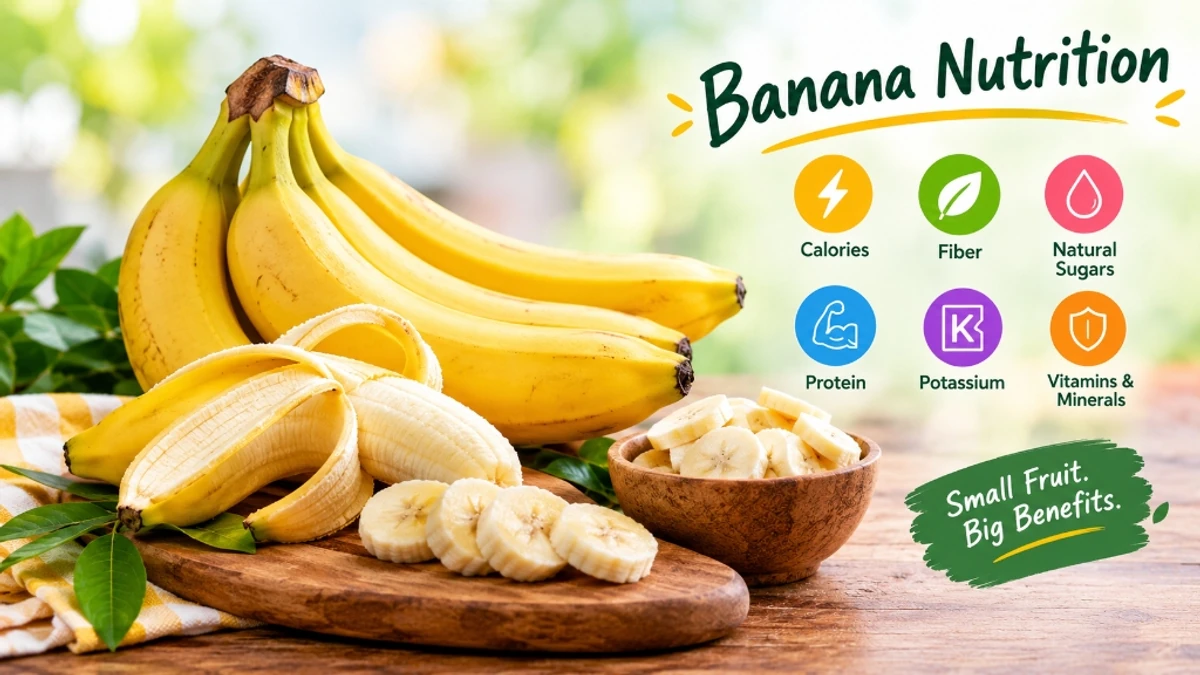 Bananas and sliced banana with a visual guide to calories, fiber, natural sugars, potassium, and vitamins