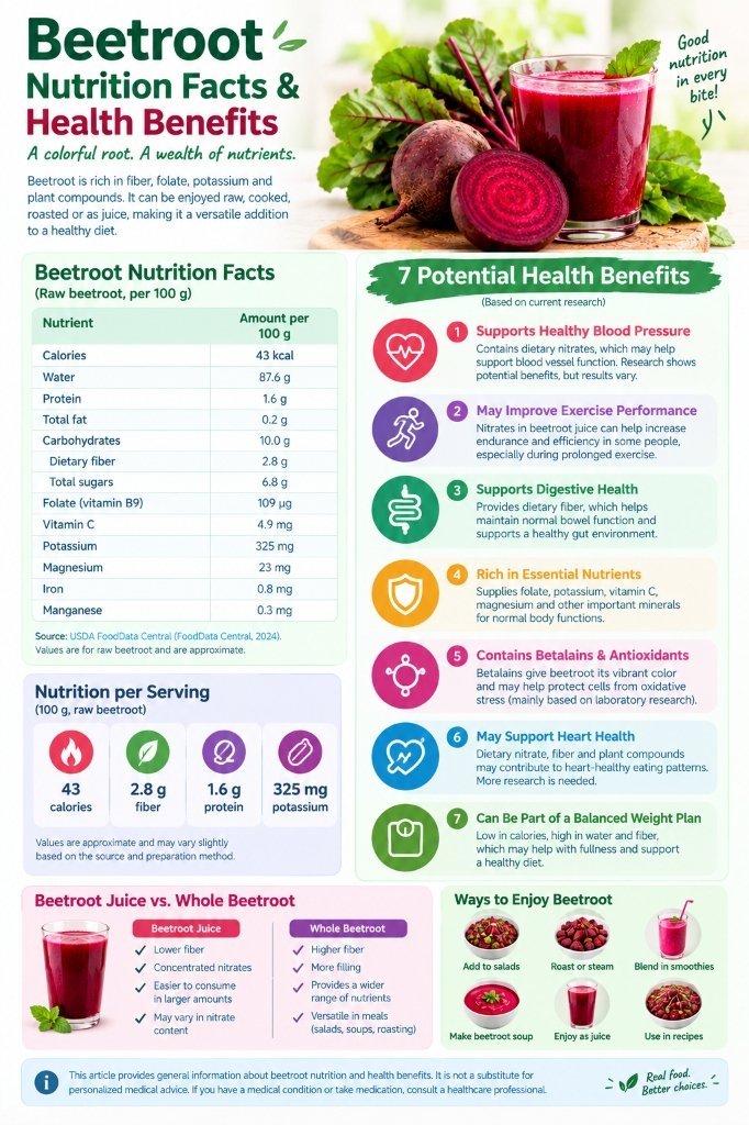 Vertical infographic showing raw beetroot nutrition facts per 100 g, seven potential health benefits, beetroot juice versus whole beetroot, and ways to enjoy beetroot.