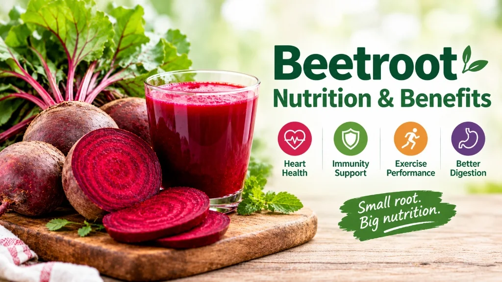 Fresh whole and sliced beetroot with green leaves and a glass of beetroot juice, illustrating beetroot nutrition and potential health benefits.
