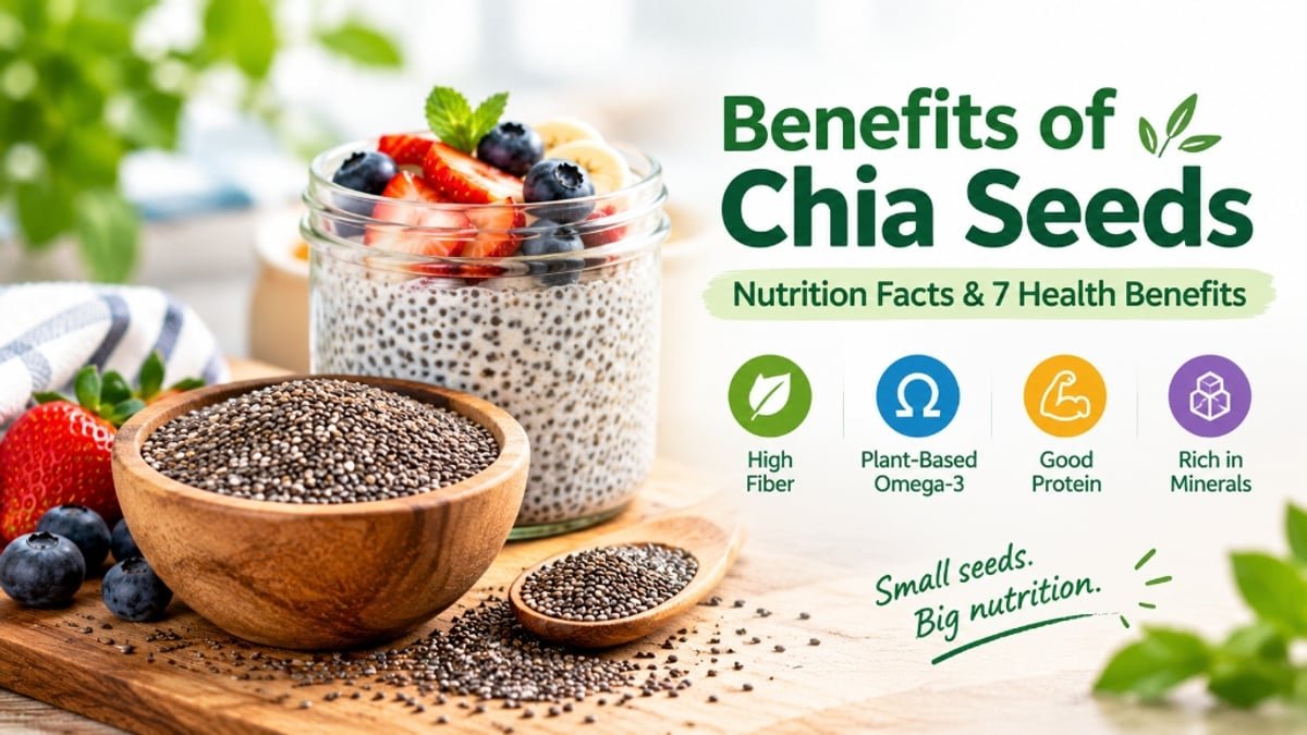 Chia seeds in a wooden bowl beside chia pudding topped with fresh berries, illustrating chia seed nutrition facts and potential health benefits.
