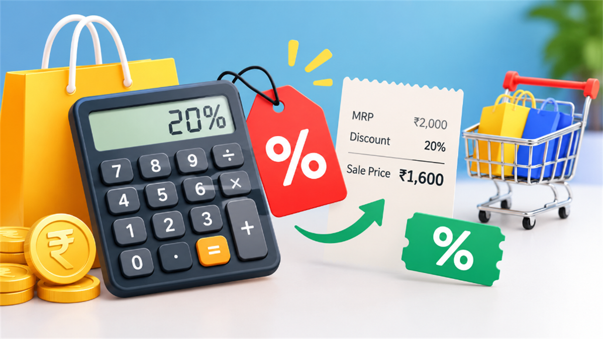 Calculator showing a 20% discount, with a shopping bag, percentage tag, rupee coins, and a receipt showing MRP ₹2,000 and sale price ₹1,600.