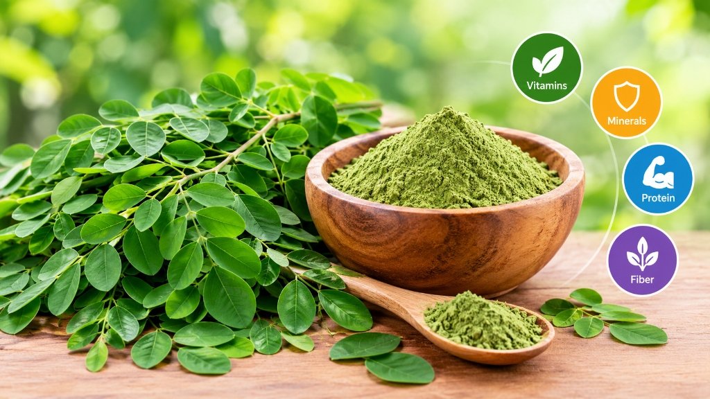 Fresh moringa leaves and moringa powder in a wooden bowl and spoon, highlighting their vitamins, minerals, protein, and fiber content.