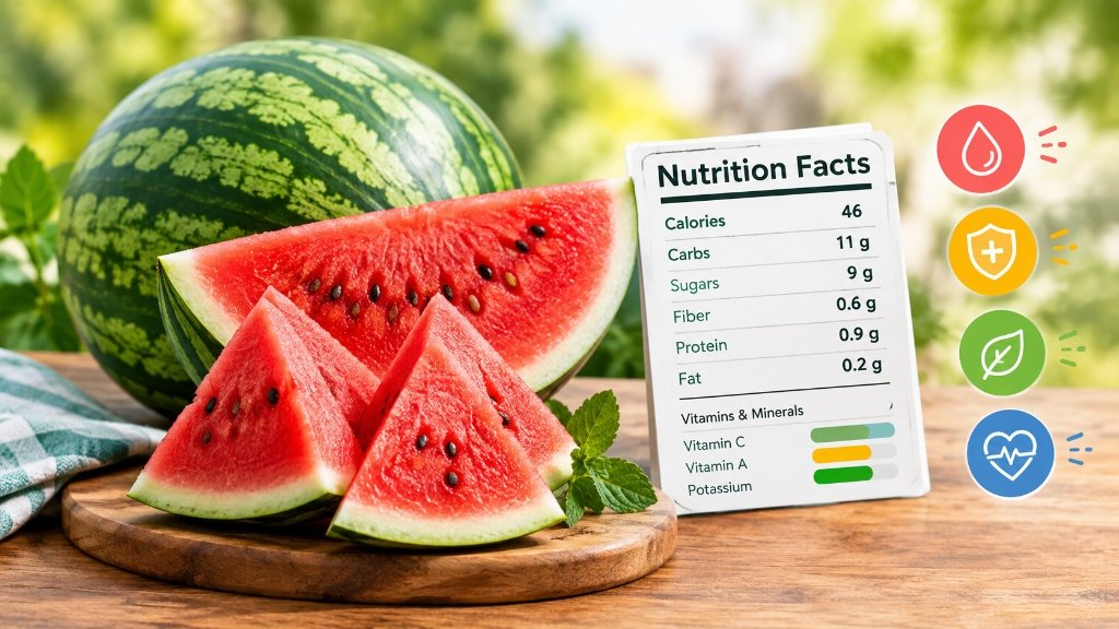 Watermelon nutrition facts showing calories, sugar, vitamins, minerals and health benefits