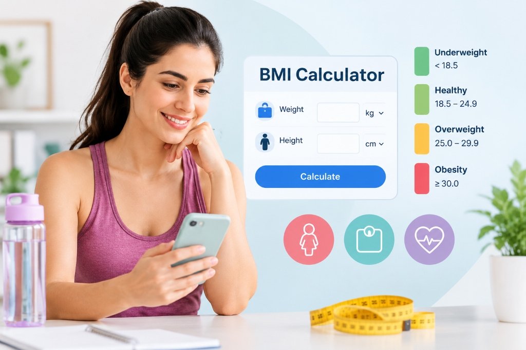 BMI calculator for women showing height, weight and healthy BMI ranges.