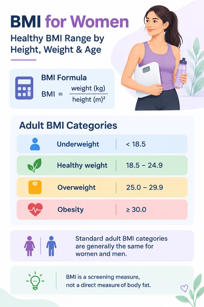 BMI for women infographic showing the BMI formula, adult BMI categories, healthy BMI range, and key BMI limitations.