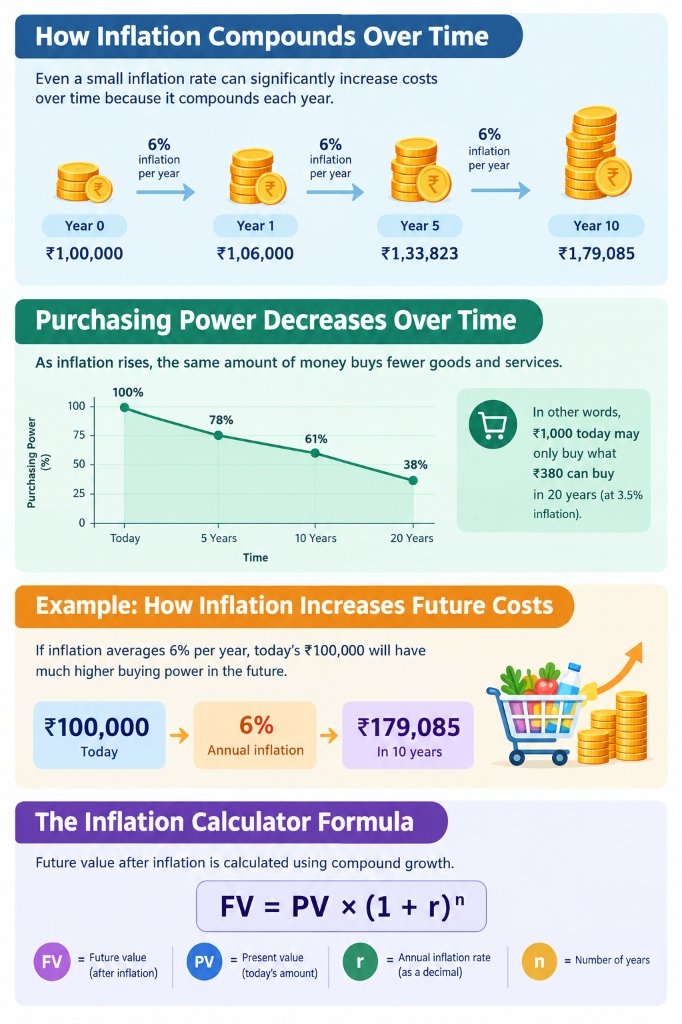 Infographic showing how inflation compounds over time, reduces purchasing power, increases future costs, and uses the inflation formula.