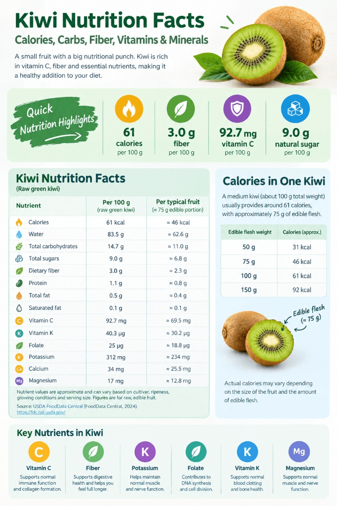 Kiwi nutrition facts showing calories, fiber, vitamin C, sugar, and other nutrients per 100 g.