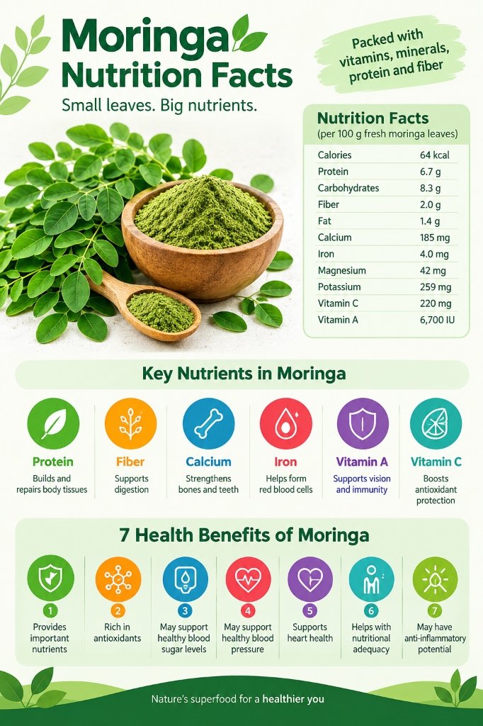 Vertical infographic showing moringa nutrition facts per 100 g of fresh leaves, key nutrients including protein, fiber, calcium, iron, vitamins A and C, and seven potential health benefits of moringa.