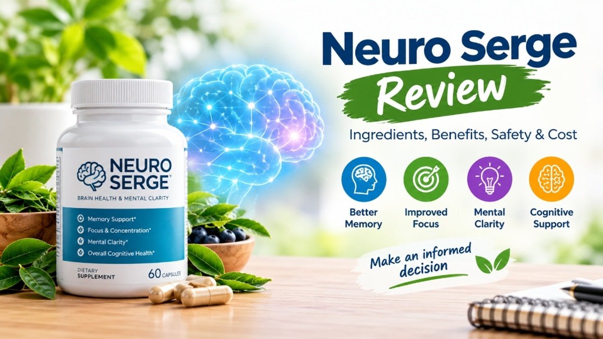 Neuro Serge supplement bottle with capsules, green leaves, blueberries, and a glowing brain illustration alongside review topics covering memory, focus, mental clarity, safety, and cost.