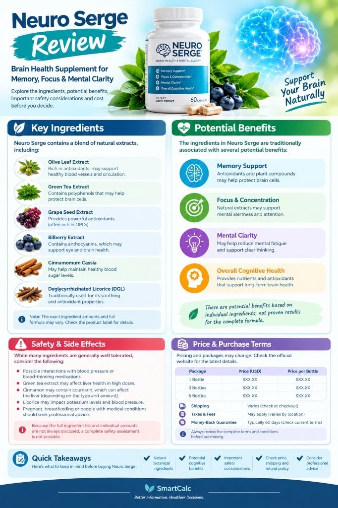 Vertical Neuro Serge review infographic featuring a supplement bottle, brain illustration, key ingredients including olive leaf, green tea, grape seed, and bilberry extracts, potential benefits, safety considerations, pricing information, and buying tips.