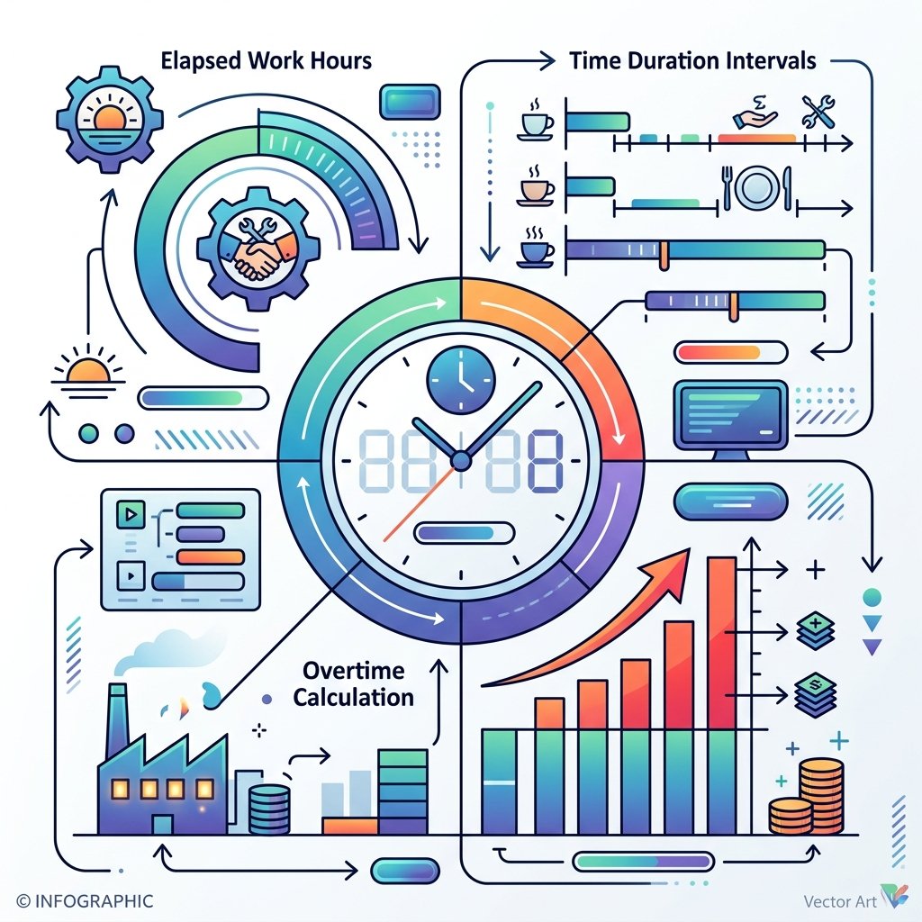 Elapsed work hours and overtime calculation diagram