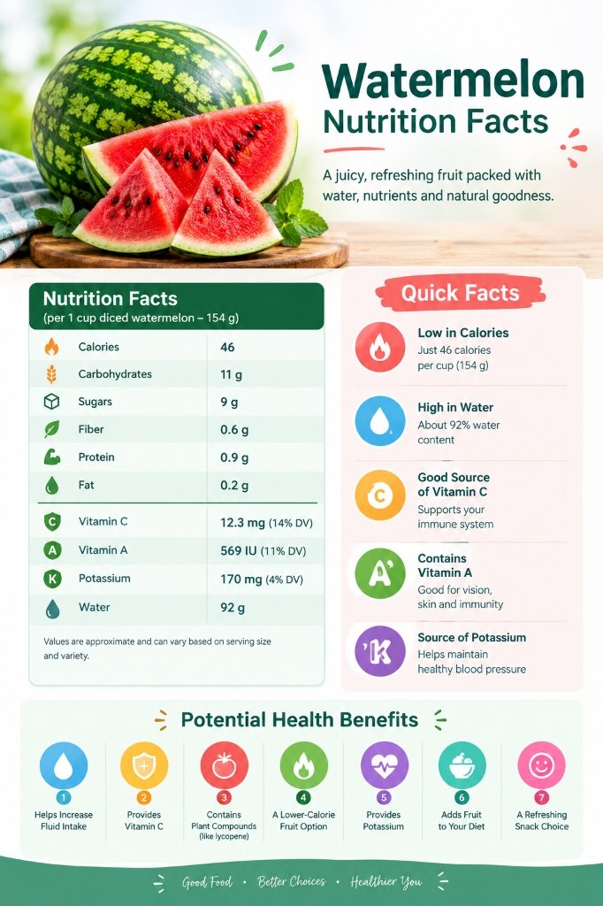 Watermelon nutrition facts infographic showing calories, sugar, carbs, vitamins, and 7 potential health benefits per cup
